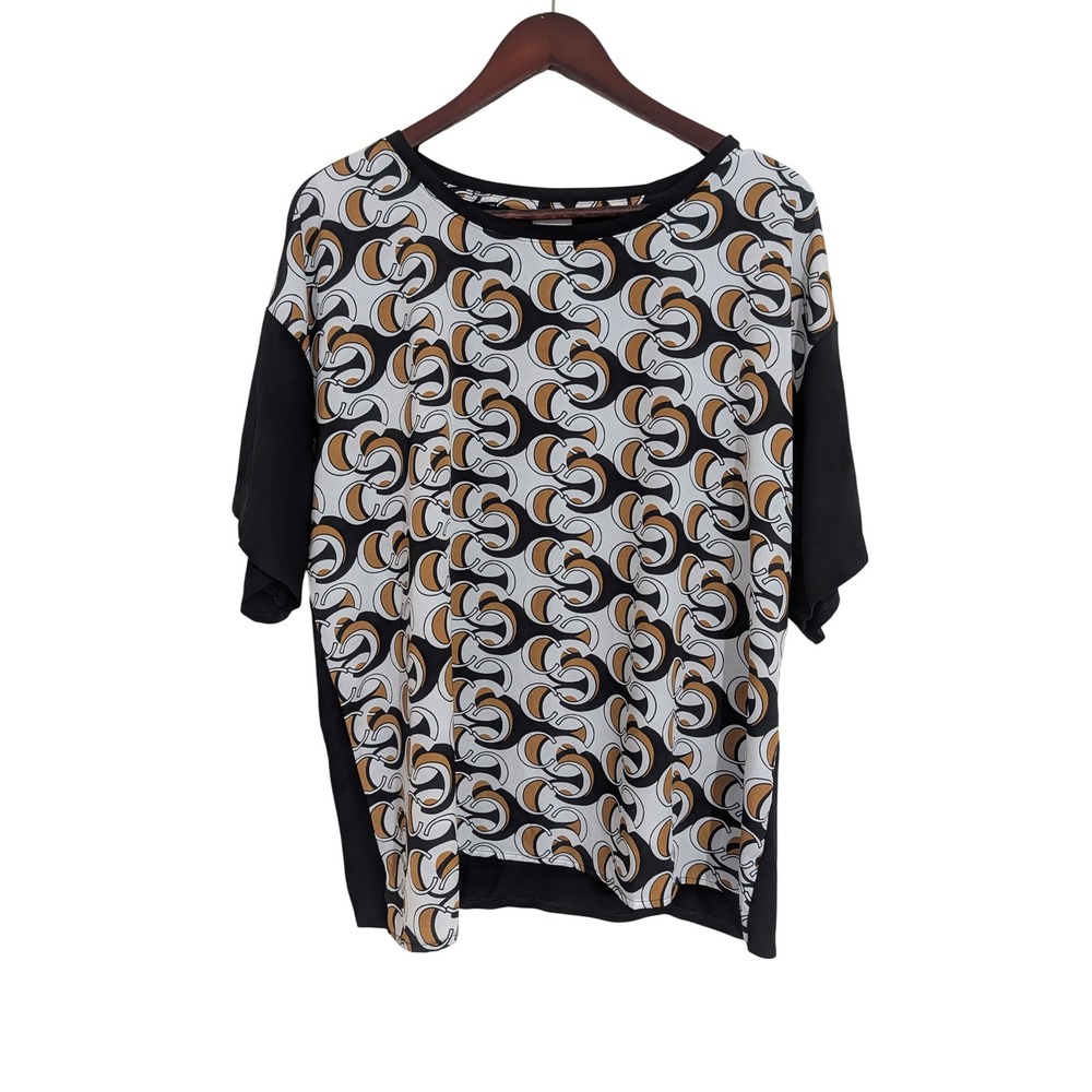 Chicos Geometric Link Print Mixed Media Top Black Tan XL Size 3 Short Sleeve